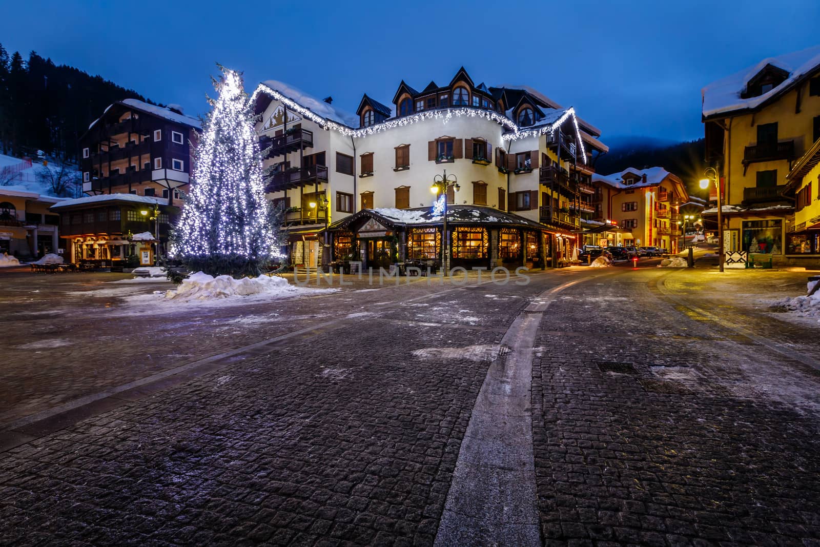 Illuminated Central Square of Madonna di Campiglio in the Morning, Italian Alps, Italy