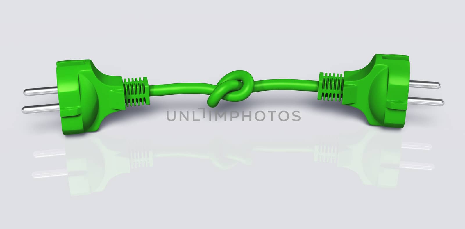 two ecological green plugs are connected by one green knotted cable on a white background