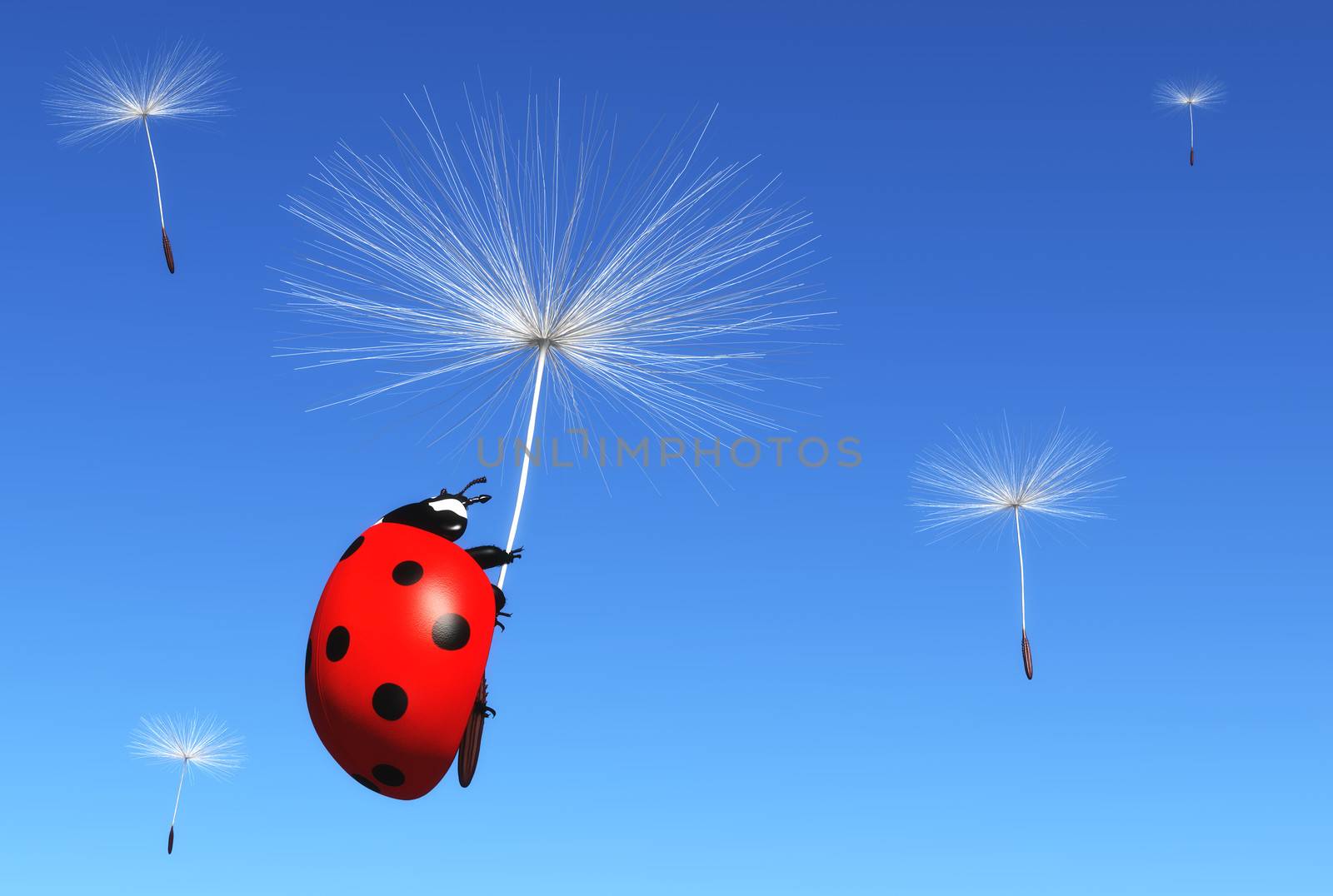 a ladybug is clinging to a floret of a dandelion which is carried by the wind along with others florets, on a blue sky background