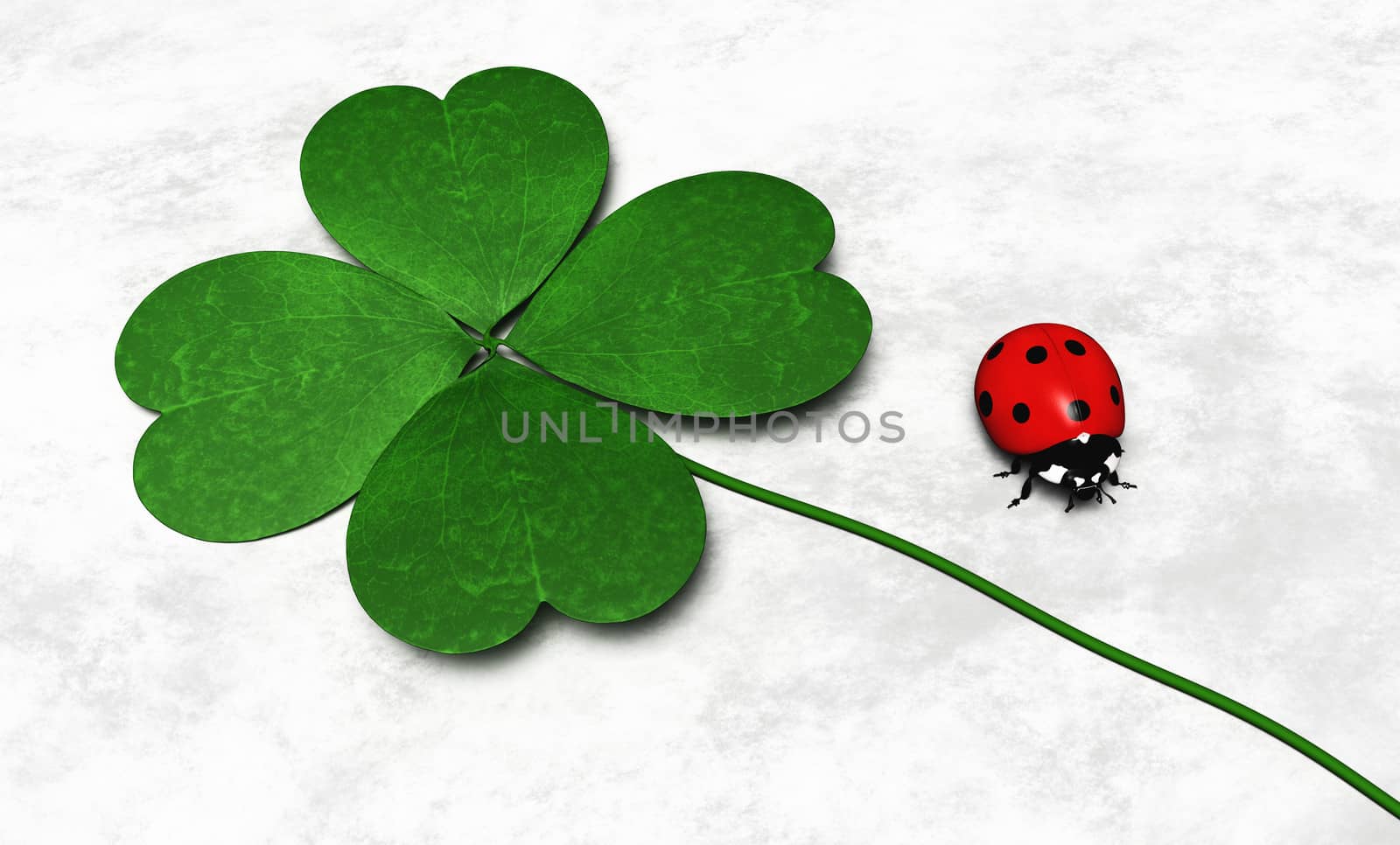 a green four-leaf clover is lying near a ladybug on a white and grey abstract ground
