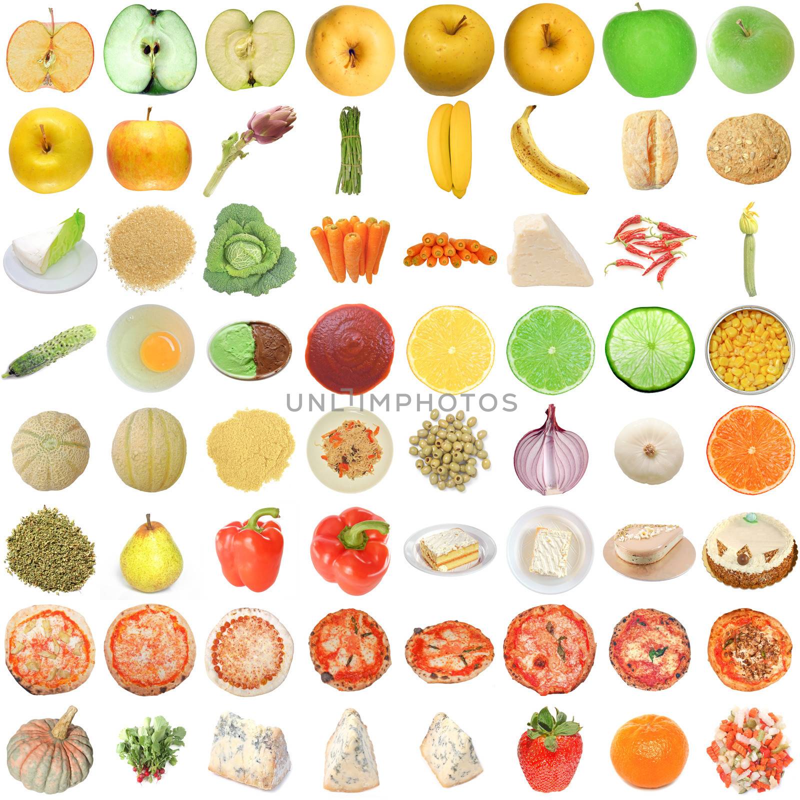 Food collage set of many vegetarian items isolated over white including fruits vegetables and pizza