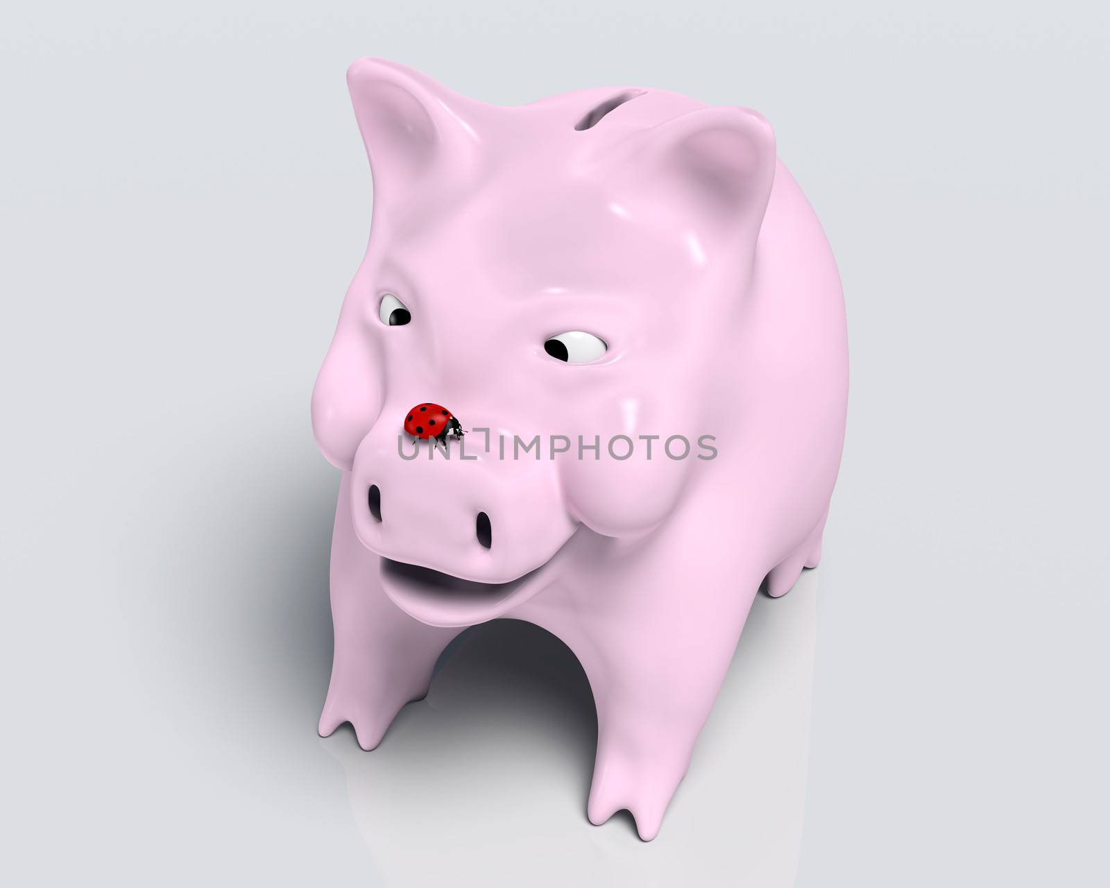 closeup of a smiling piggy bank that watches a red ladybird which stands on top of its nose, on a neutral background