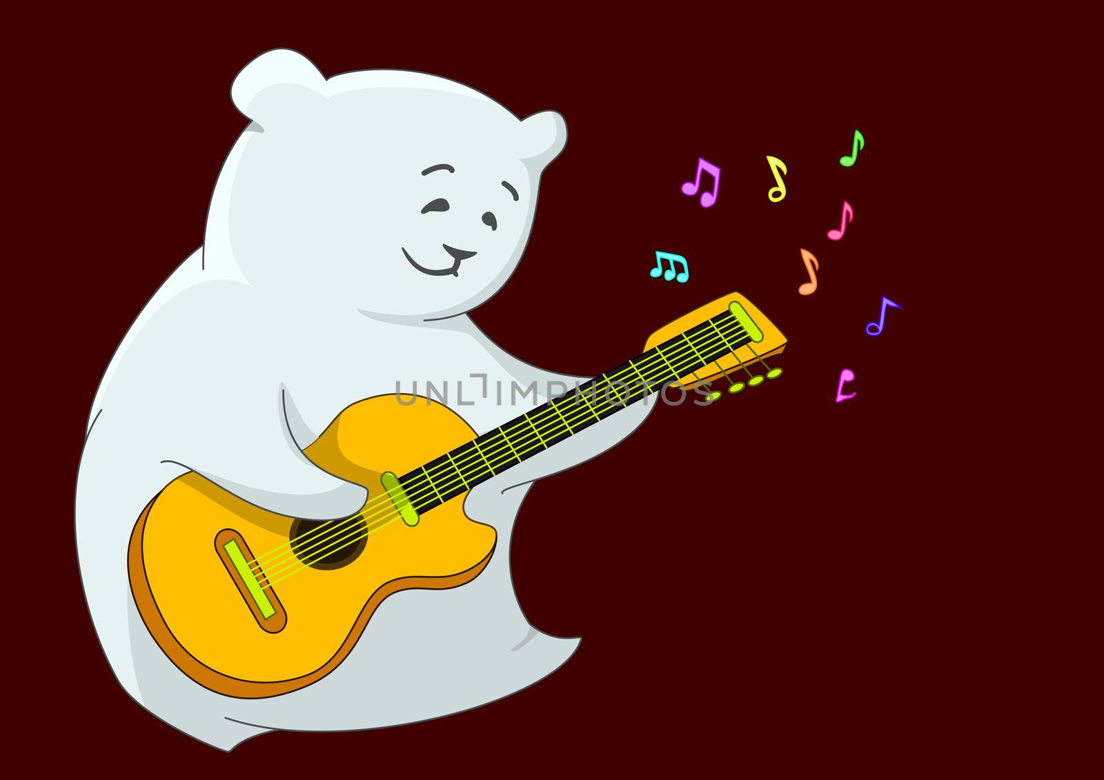 Cartoon toy teddy bear musician playing a guitar.