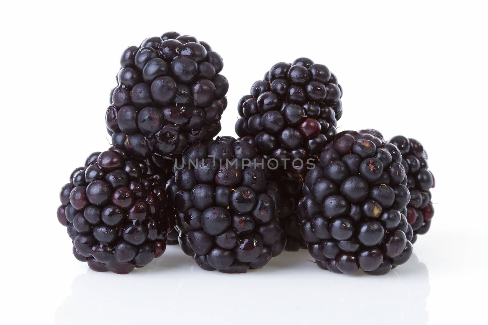 Macro of pile blackberries over white background