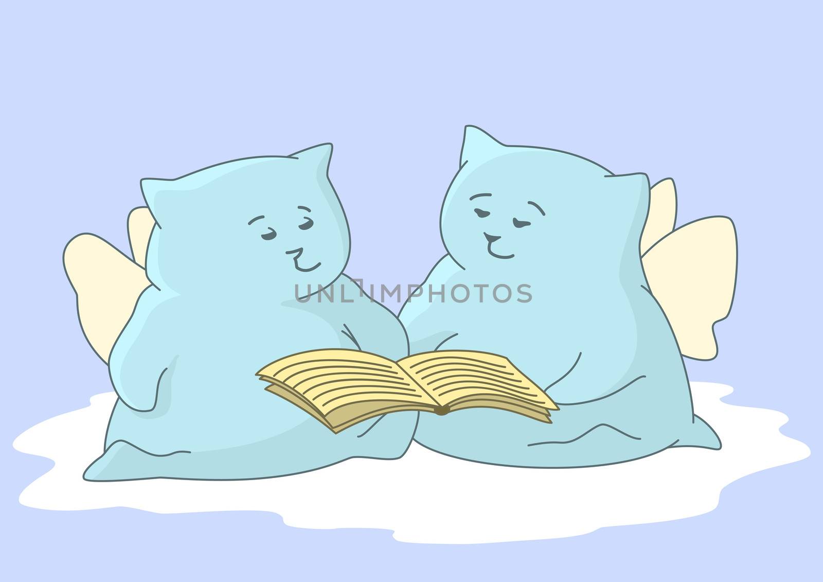 Angels-pillows children siting on a white cloudlet against the sky and reading the book