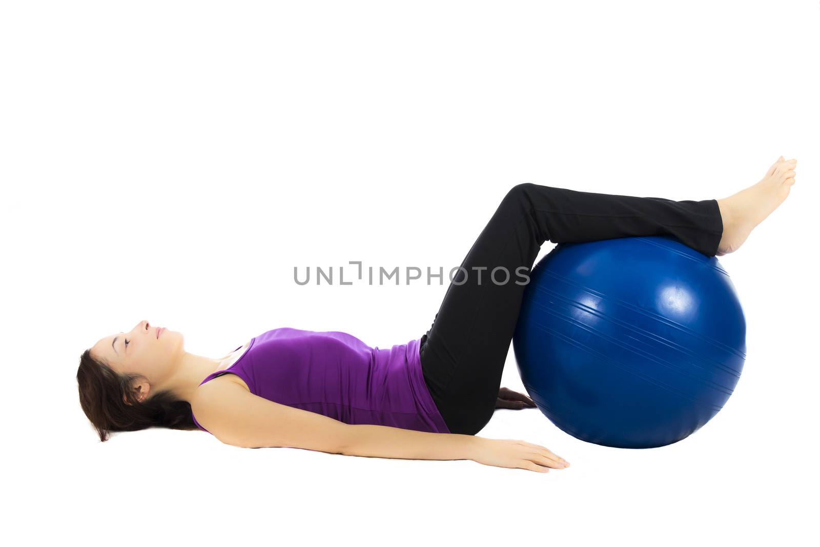 Woman doing Pilates on white background (Series with the same model available)