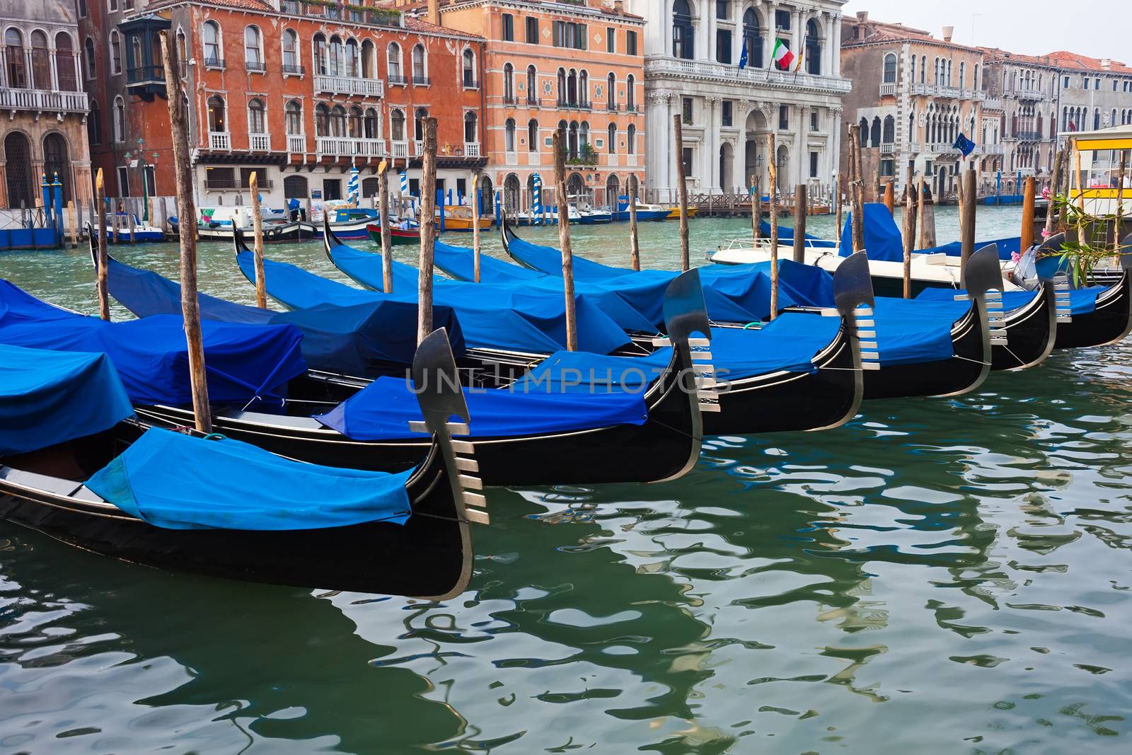 Beautiful view of Famous Venetian gondolas in Venice, Italy