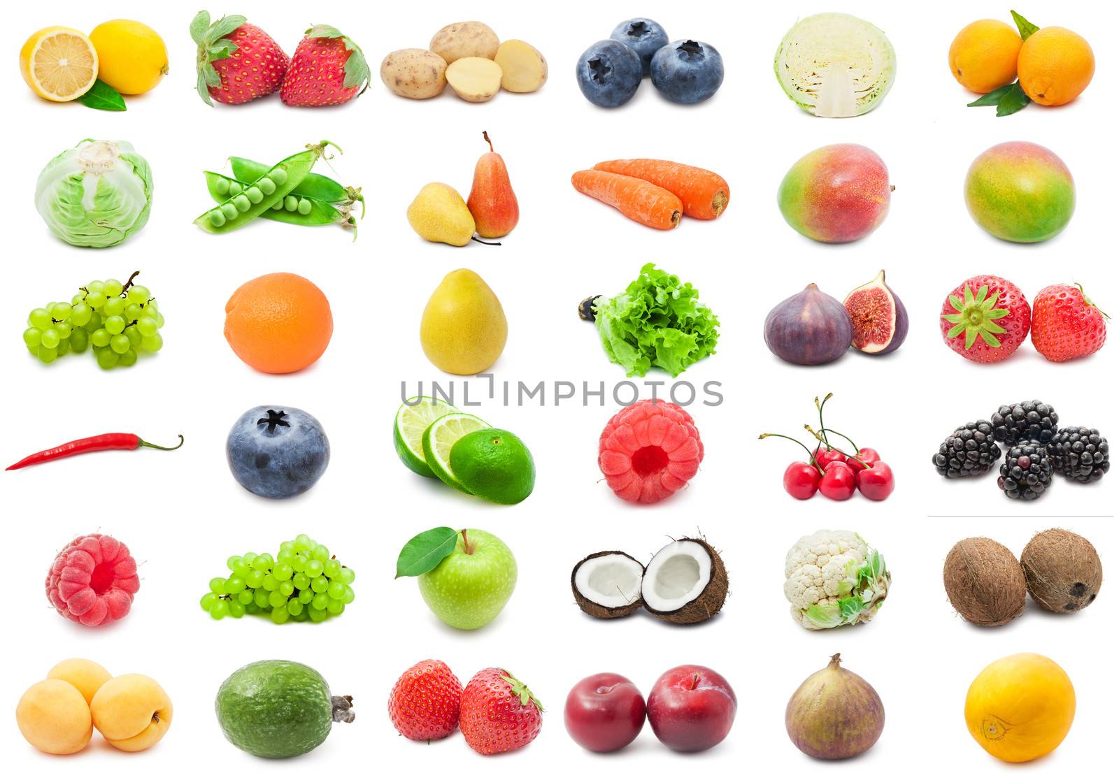 Collection of various fruits and vegetables isolated on white background