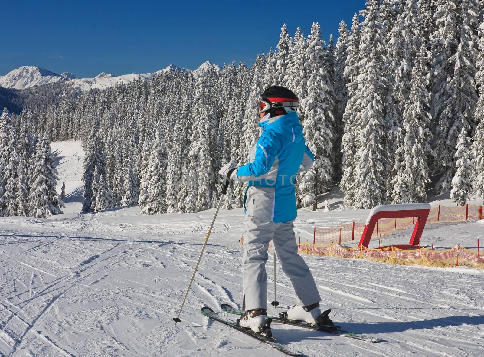The woman at the view winter mountain. Ski resort Schladming . Austria