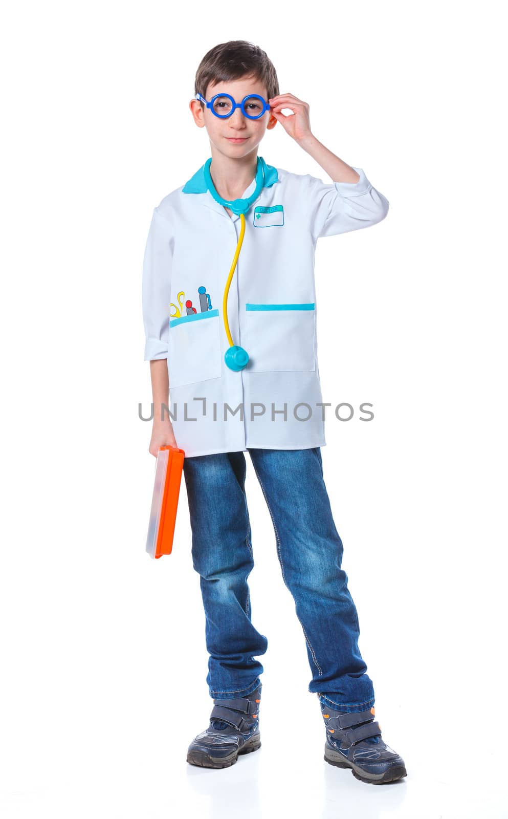 A little smiling doctor with stethoscope and syringe. Isolated on white background