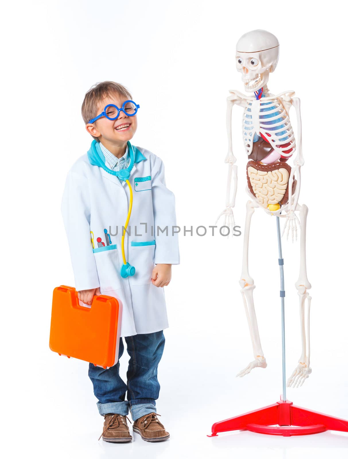A little smiling doctor with stethoscope and skeleton. Isolated on white background