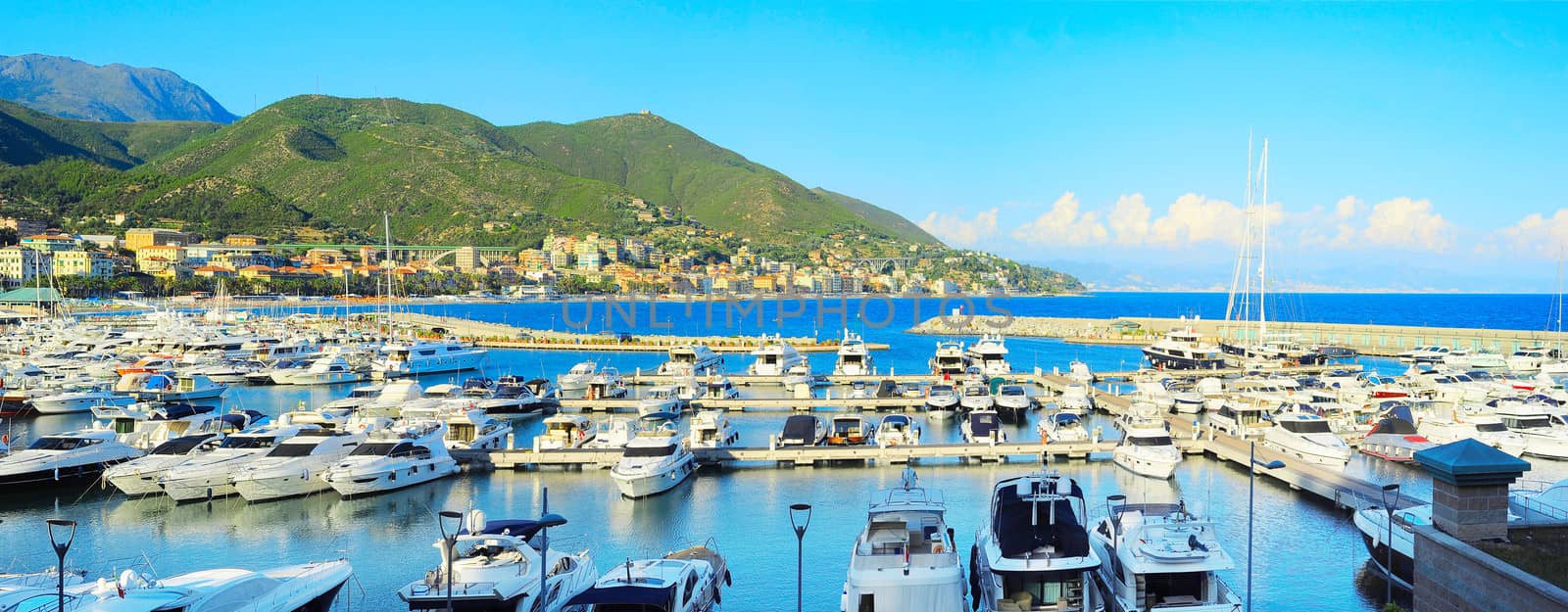 Beautiful panoramic view on boats moored in harbor Cote d Azur