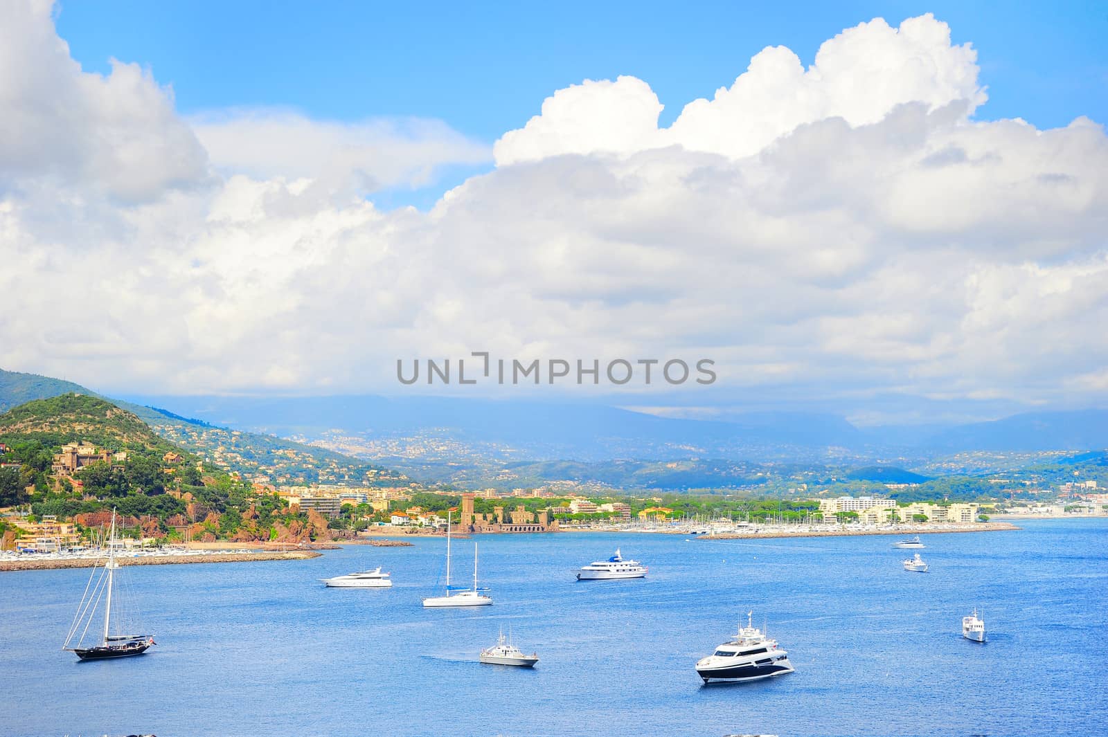 View of sea bay , yachts and boats. French Riviera, Azure Coast or Cote d Azur, Provence, France 