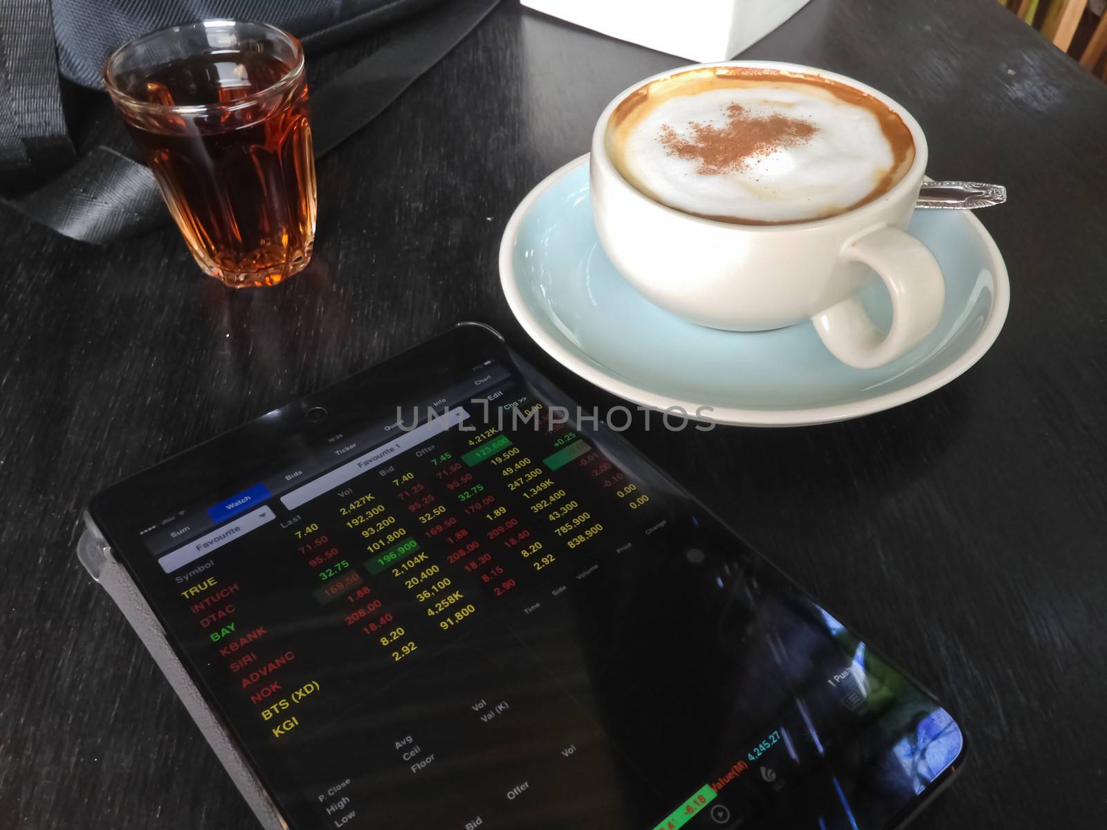 cup of coffee and Display stock market on tablet 