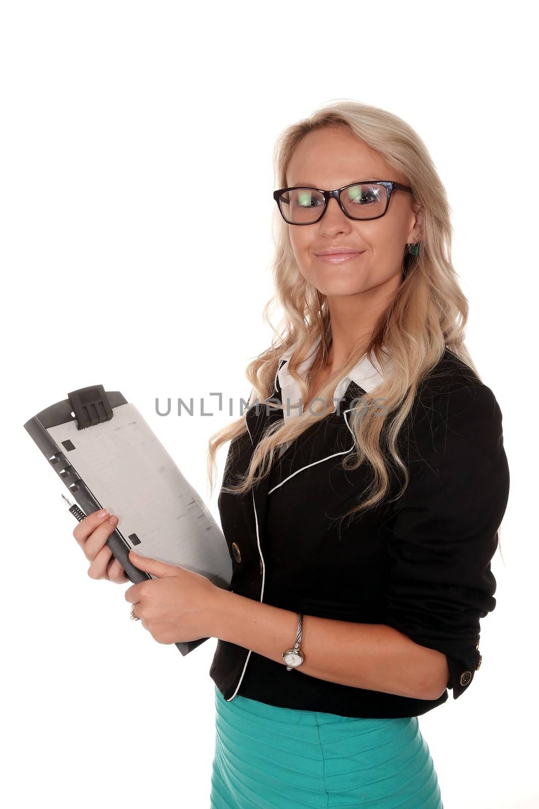 Pretty young smiling office lady with pen and clipboard