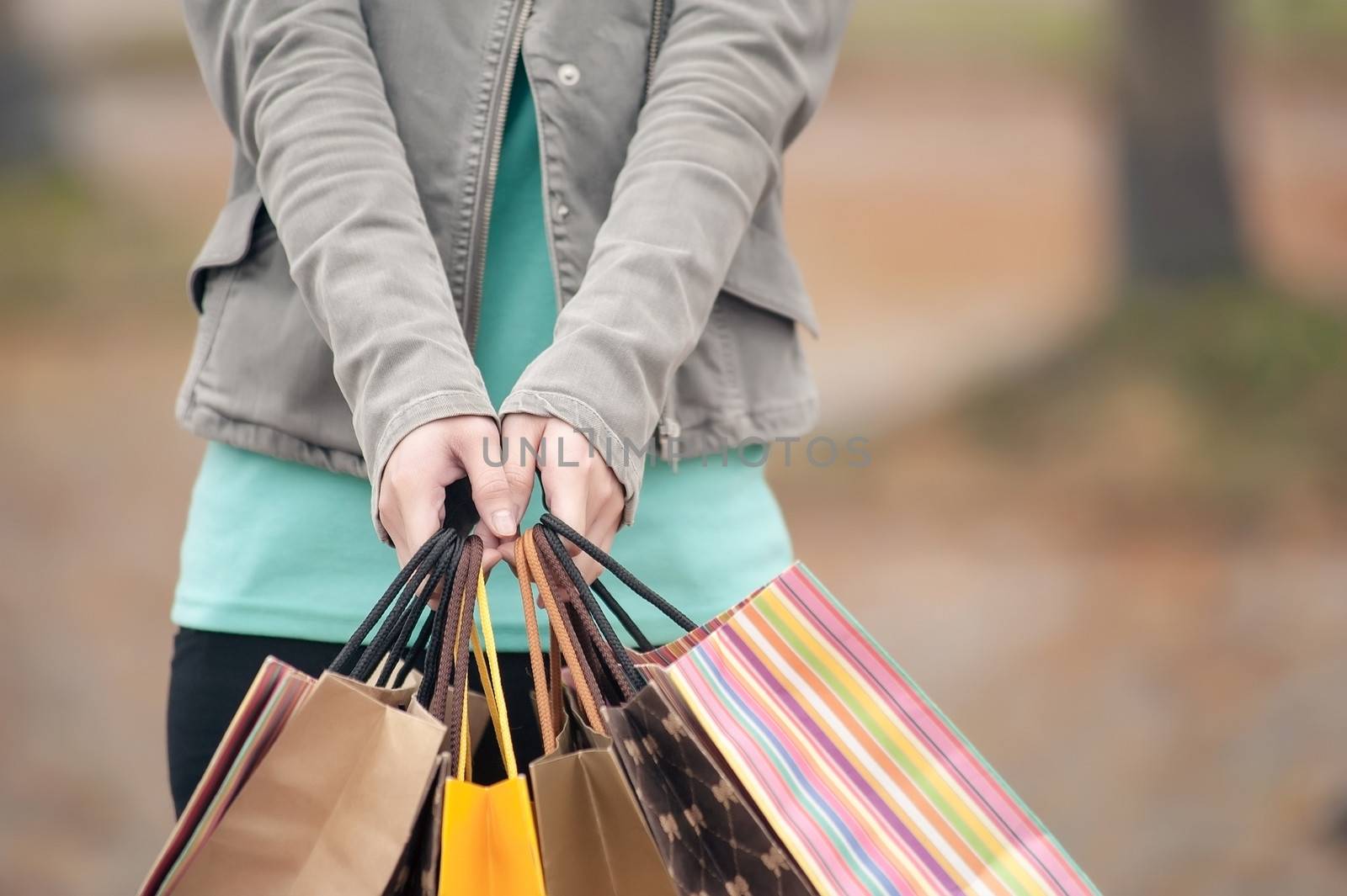 Concept of woman shopping and holding bags, closeup images.
