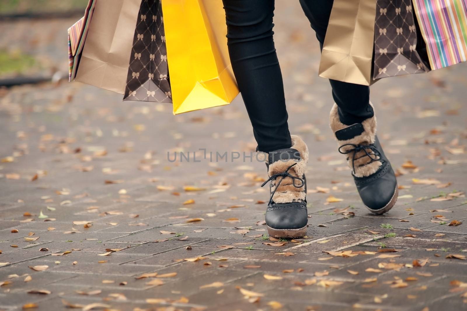 Concept of woman shopping and holding bags, closeup images.