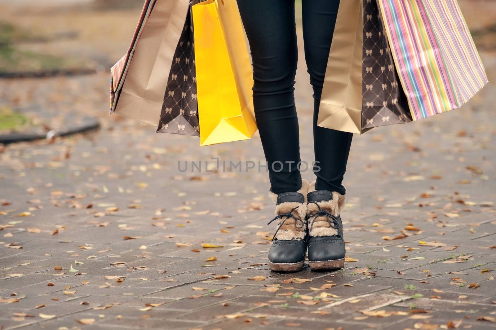 Concept of woman shopping and holding bags, closeup images.