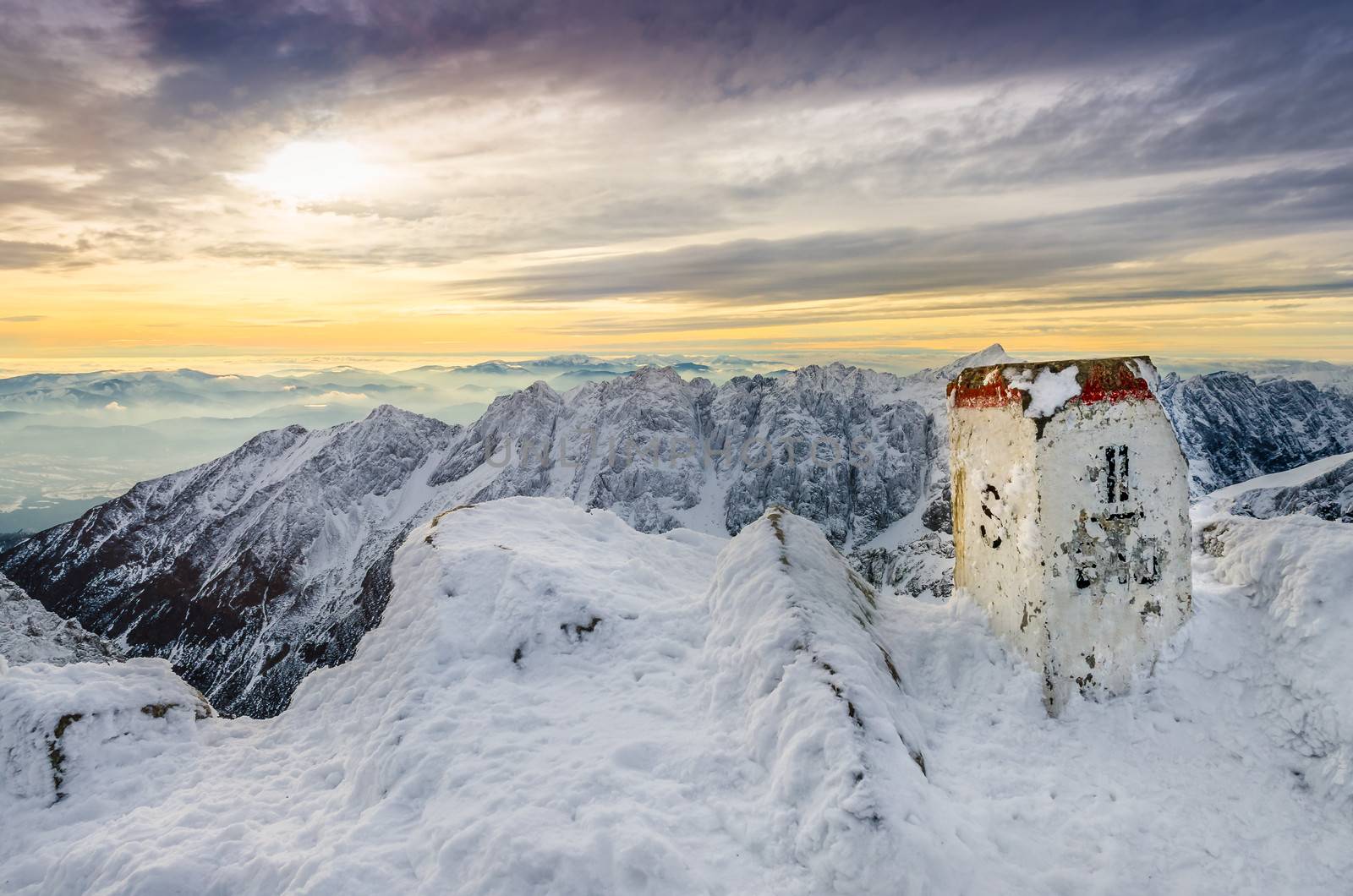 Scenic view of winter mountains from a mountain peak, High Tatras, Slovakia