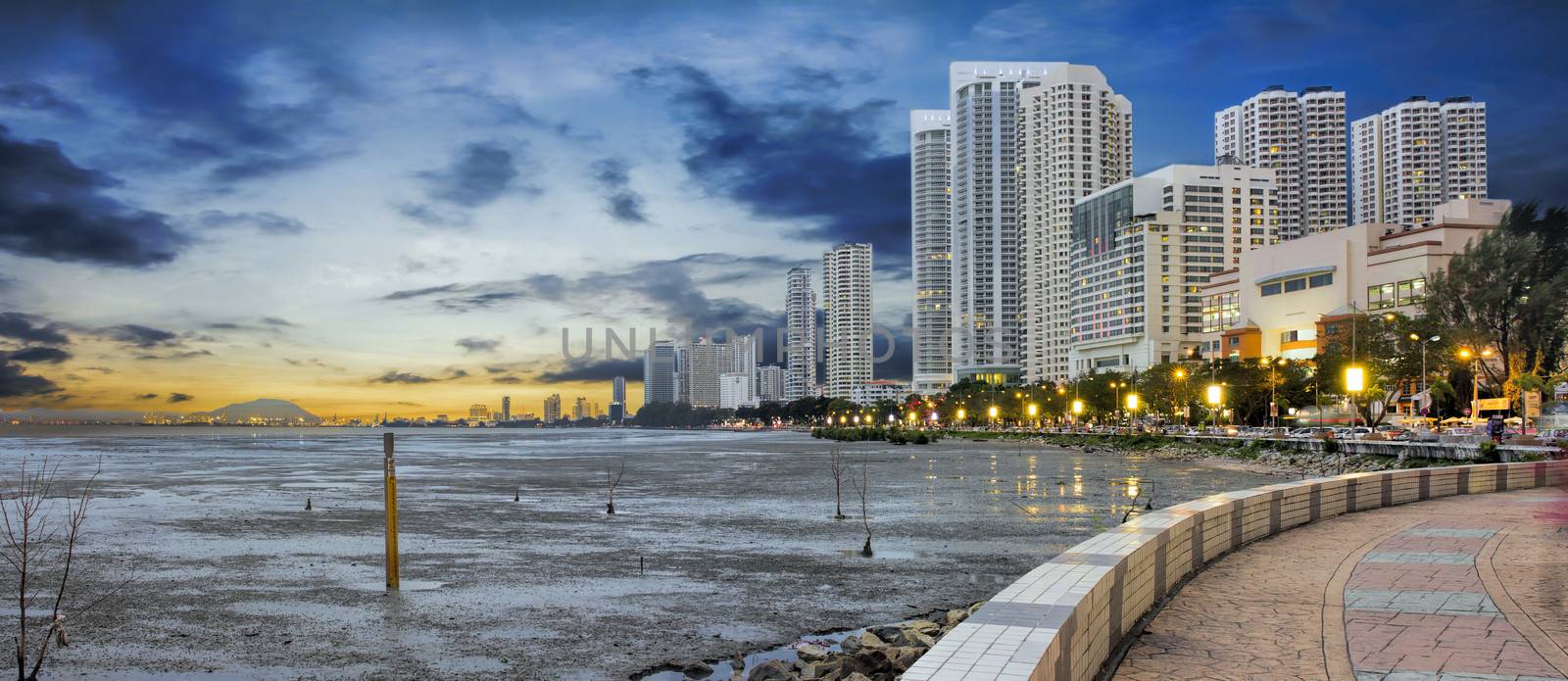 Gurney Drive in Penang Malaysia at Dusk During Low Tide Panorama