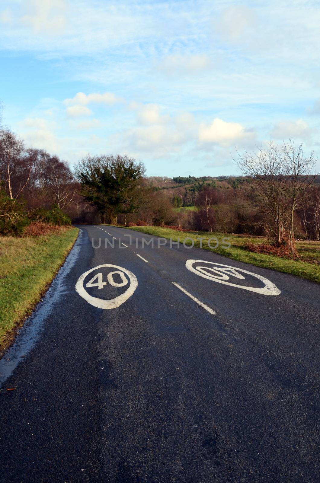 Along a stretch of road in Ashdown Forest Sussex,England speed restriction signs are painted onto the tarmac.