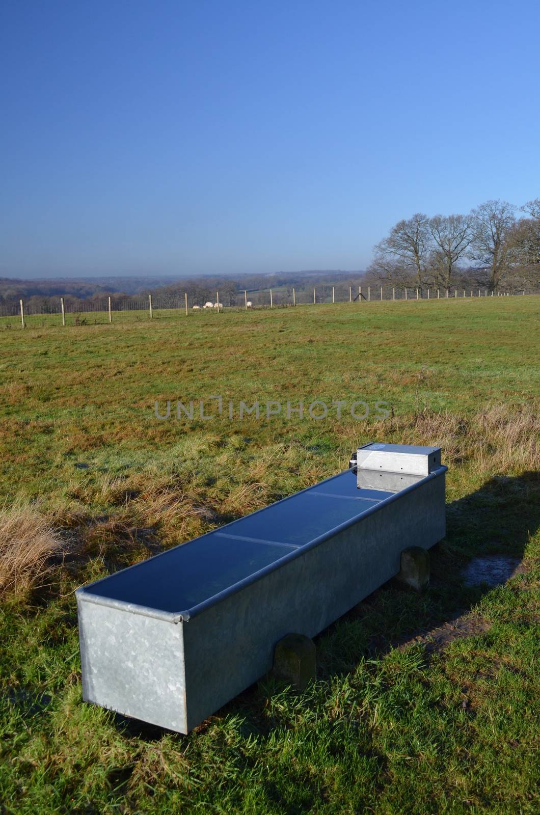 Metal animal water trough in a farmers field in Sussex,England.