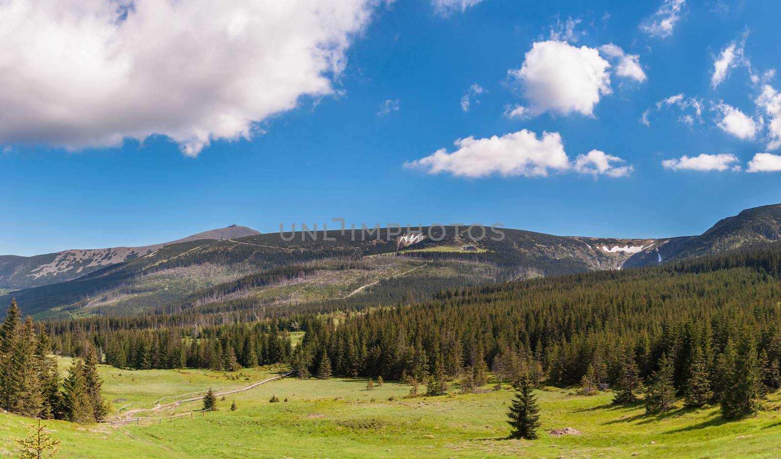 Panoramic view of Karkonosze mountains with the highest peak Sniezka, Poland