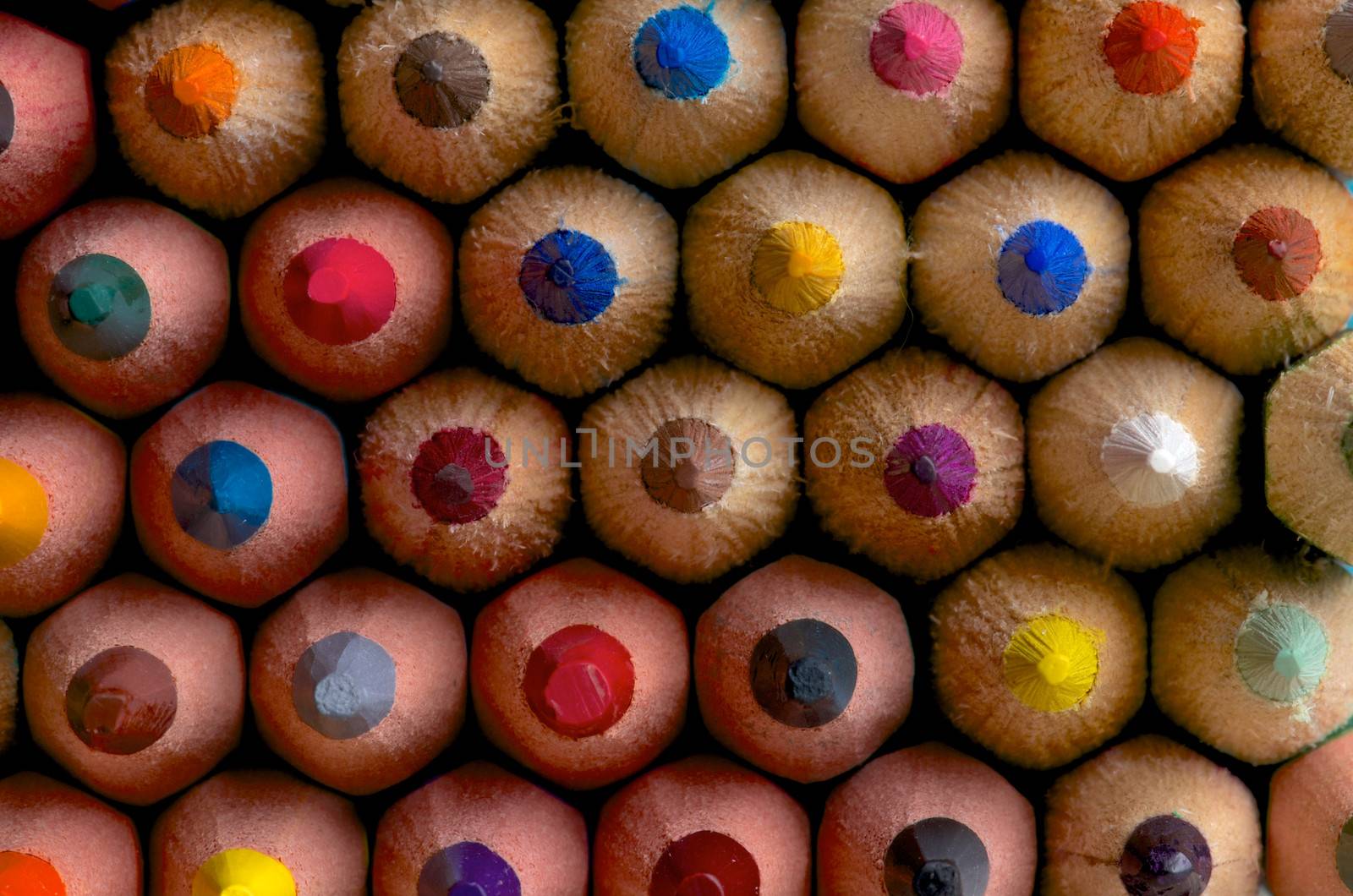 Background of Sharpened Multi Colored Pencils closeup