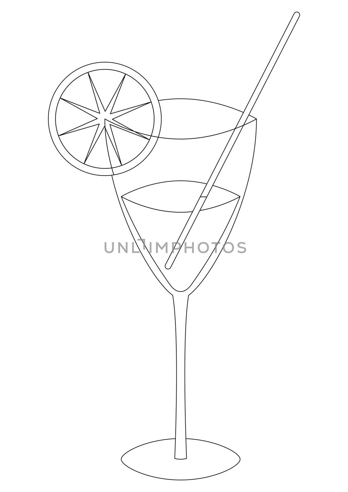 Glass with a lemon, straw and a drink, contours