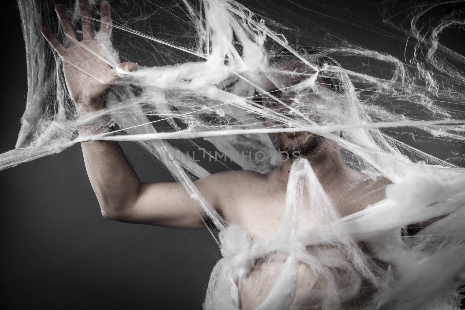 Connection.man tangled in huge white spider web by FernandoCortes