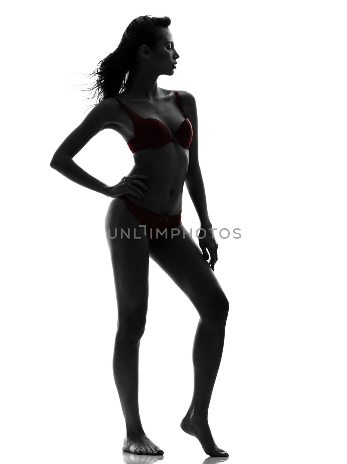 one beautiful asian woman in red underwear silhouette studio isolated on white background