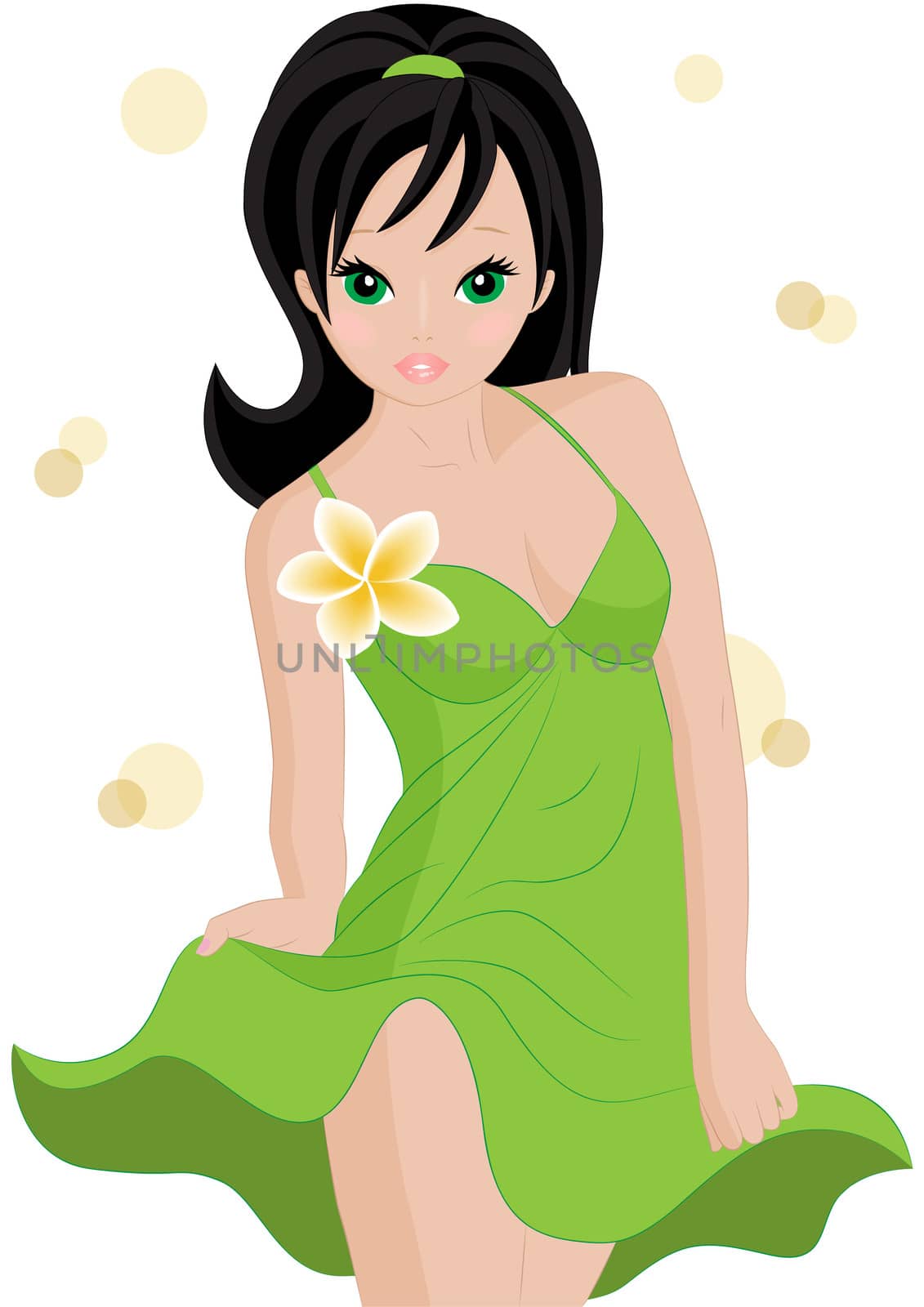 beautiful girl in a green dress with a flower isolated on white background
