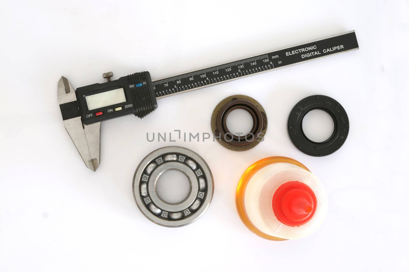 Vernier, bearing, Oil Seal and Oil on white background