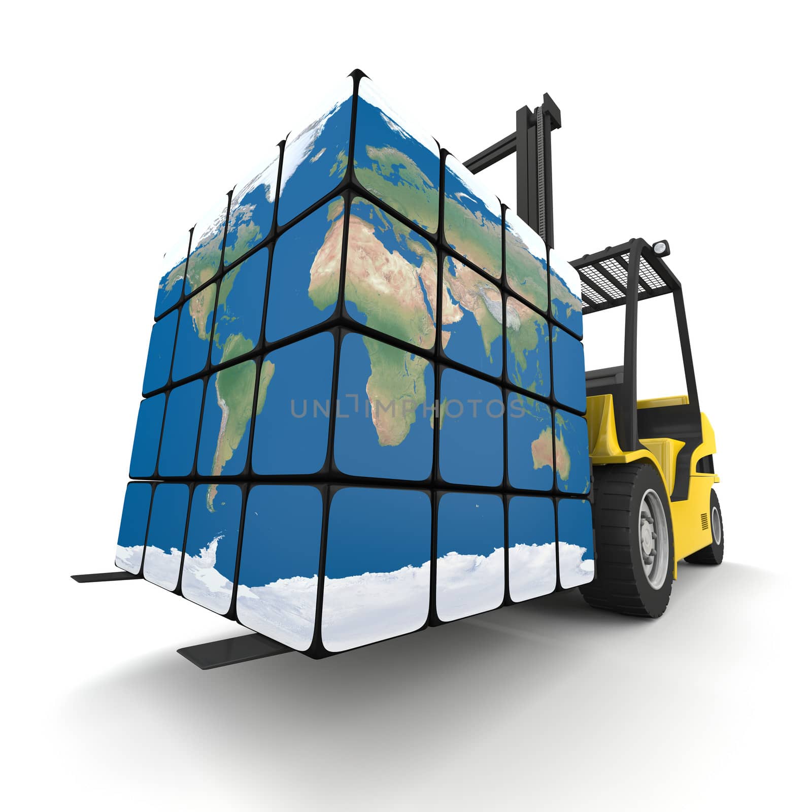 Concept of global transportation, modern yellow forklift carrying planet Earth in form of cube, isolated on white background. Elements of this image furnished by NASA.