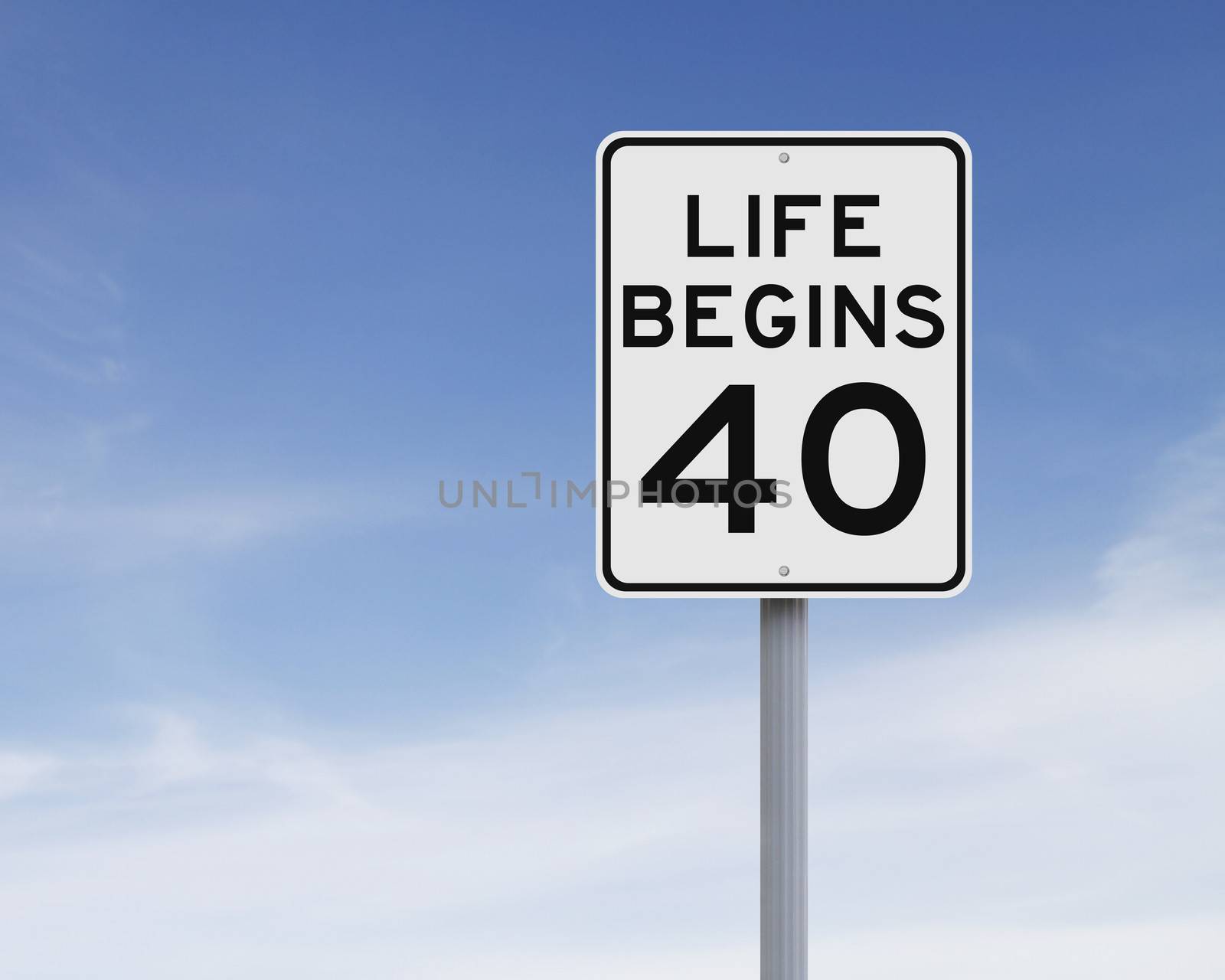 A modified speed limit sign indicating Life Begins at Forty