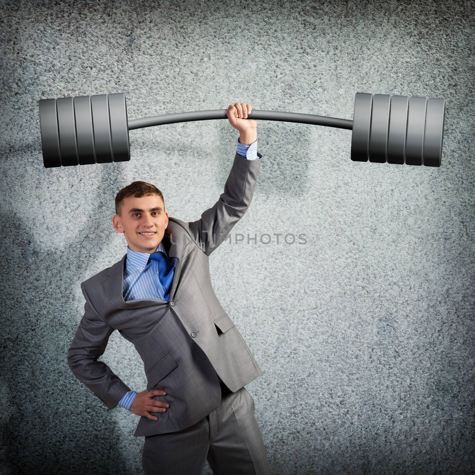 businessman holding a barbell with one hand, the concept of achievements in business