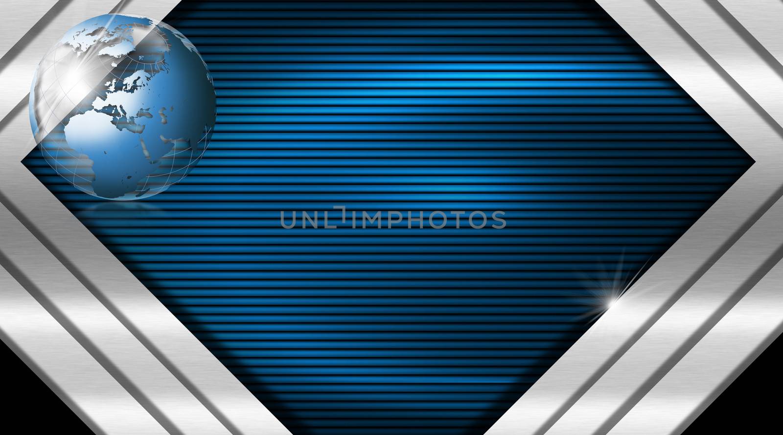 Blue and black abstract background with metal stripes and blue world globe