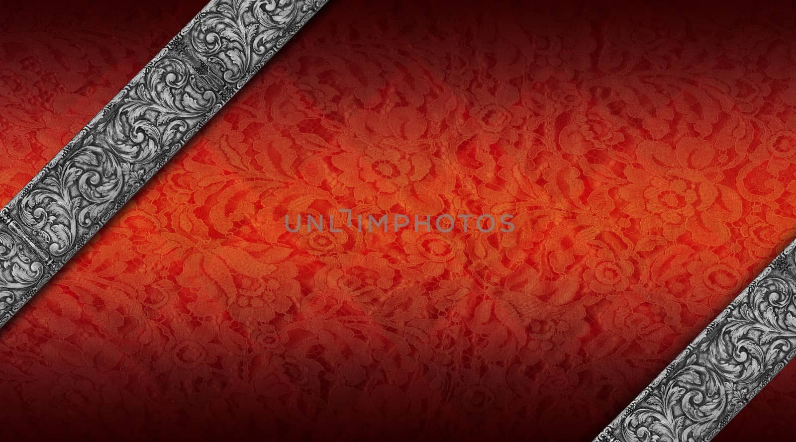 Red and orange texture with ornate floral seamless and diagonal silver bands