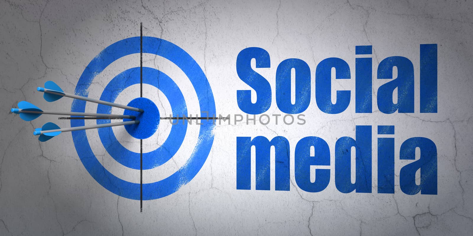 Success social media concept: arrows hitting the center of target, Blue Social Media on wall background, 3d render