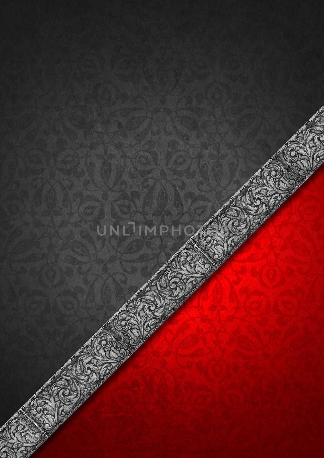 Template of gray and red velvet and texture with ornate floral seamless and diagonal silver floral band

