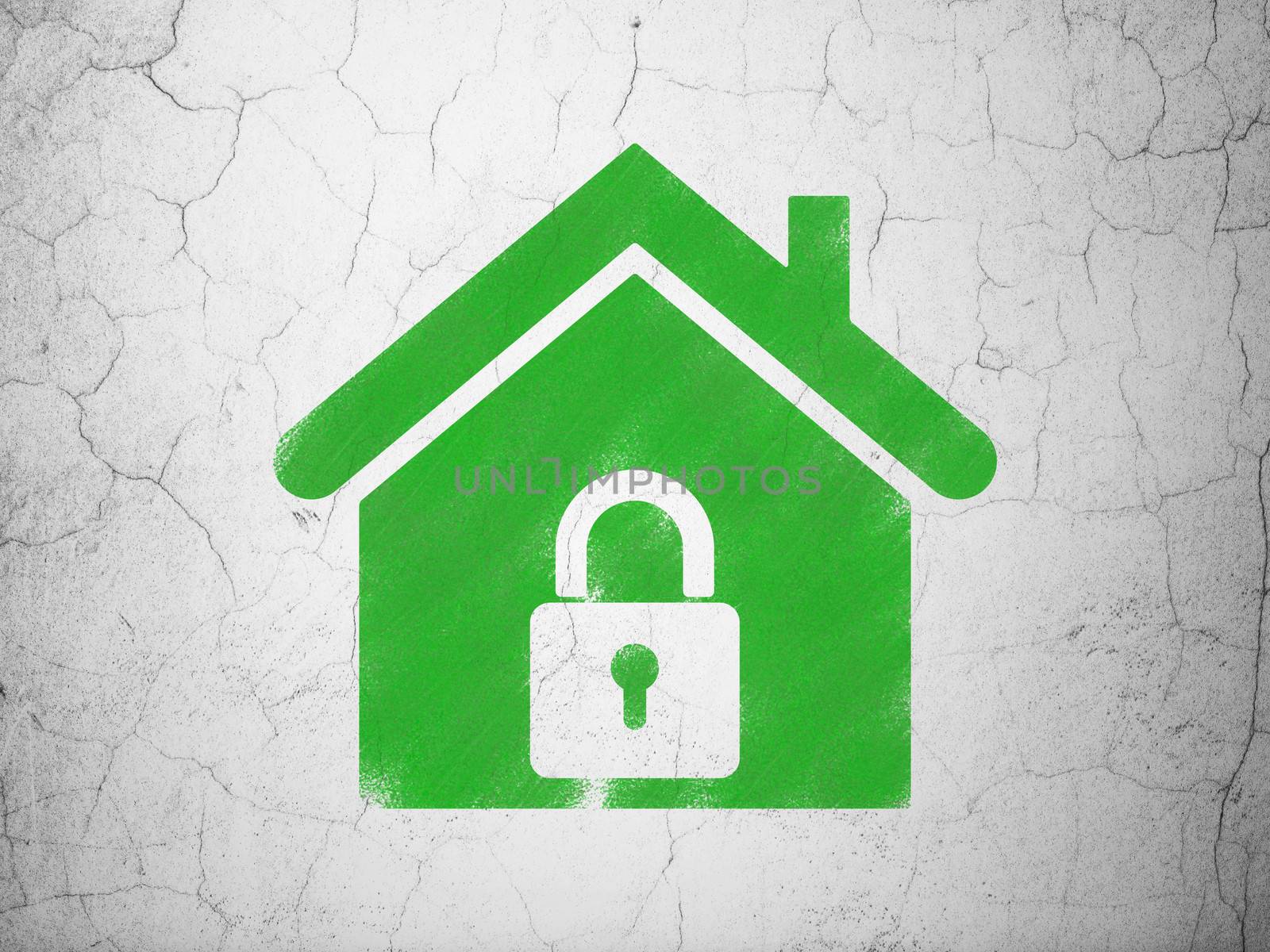 Protection concept: Green Home on textured concrete wall background, 3d render