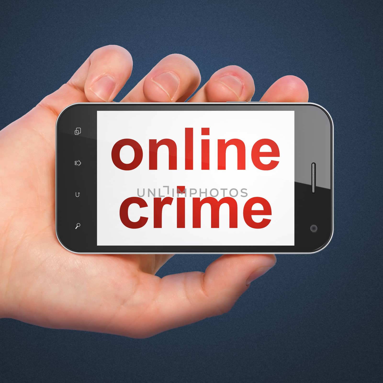Security concept: hand holding smartphone with word Online Crime on display. Mobile smart phone on Blue background, 3d render