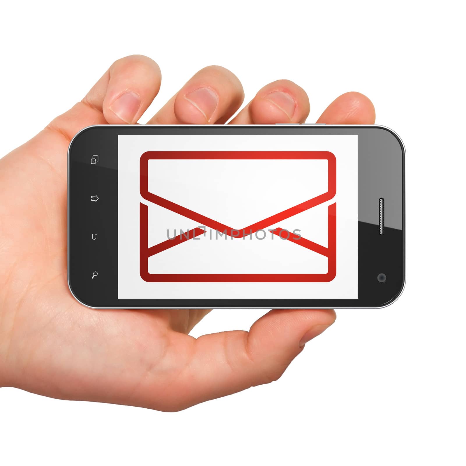 Finance concept: hand holding smartphone with Email on display. Mobile smart phone on White background, 3d render