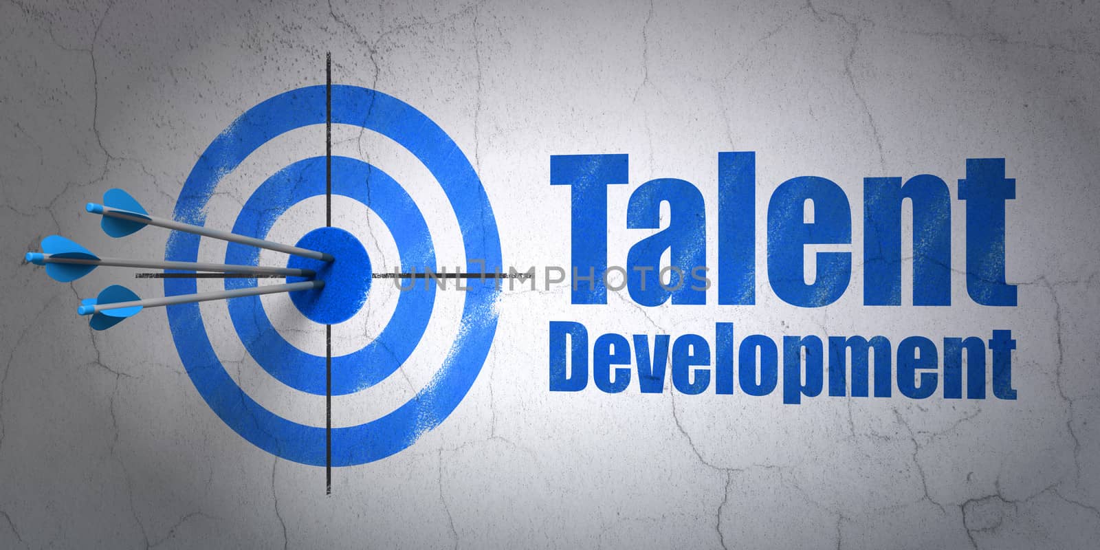 Success Education concept: arrows hitting the center of target, Blue Talent Development on wall background, 3d render