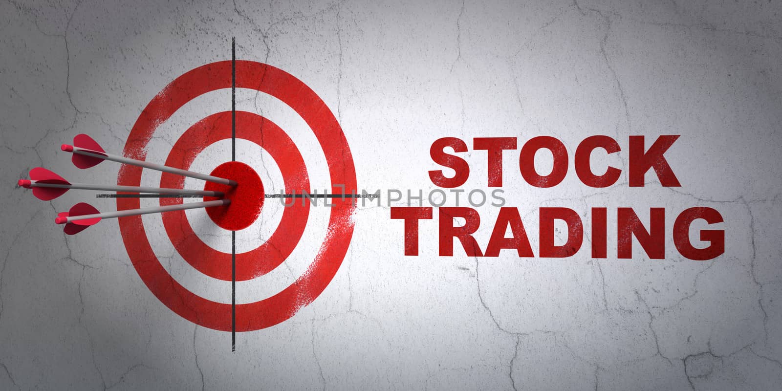 Success finance concept: arrows hitting the center of target, Red Stock Trading on wall background, 3d render