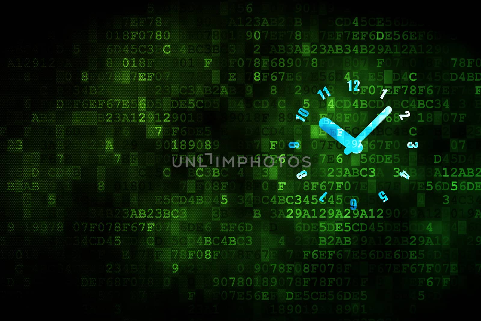 Time concept: pixelated Clock icon on digital background, empty copyspace for card, text, advertising, 3d render