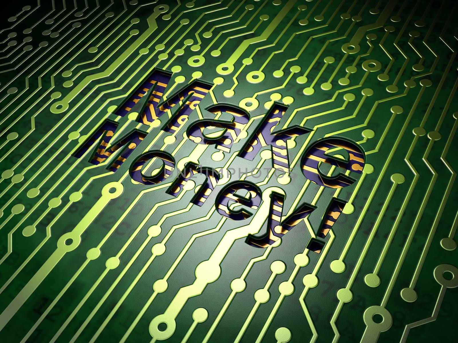 Finance concept: circuit board with word Make Money!, 3d render