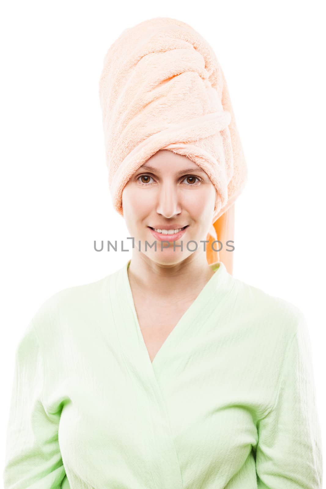 Body treatment and healthy lifestyle - beauty young smiling woman in bathrobe and curled spa towel on head white isolated