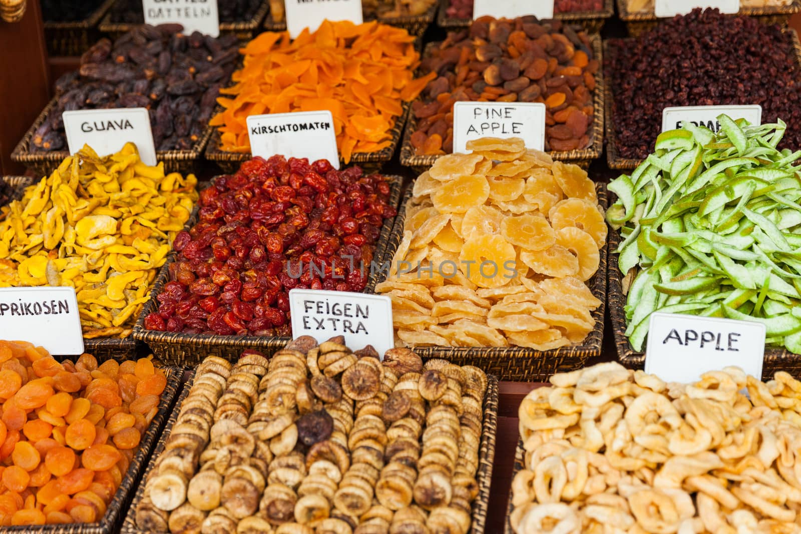 Healthy eating sweet dried fruit and vegetable snack bowls at food market