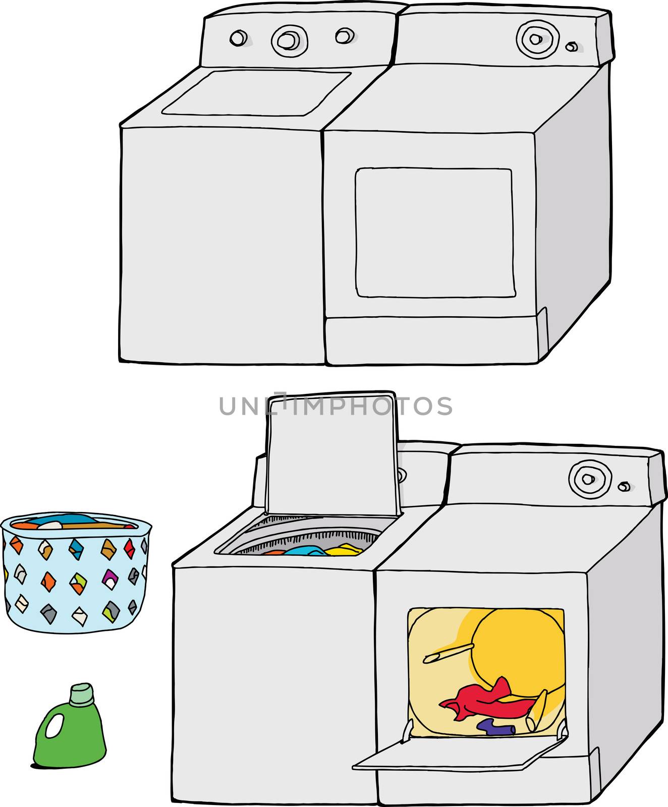 Washing machine and dryer cartoons with soap and clothing